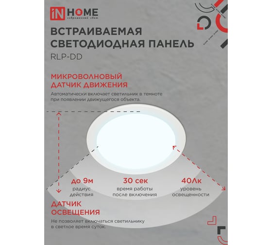 Панель светодиодная встраиваемая IN HOME круглая RLP-DD 18Вт 230В 6500К 1440Лм 177мм, датчик движения, белая IP40 4690612058443