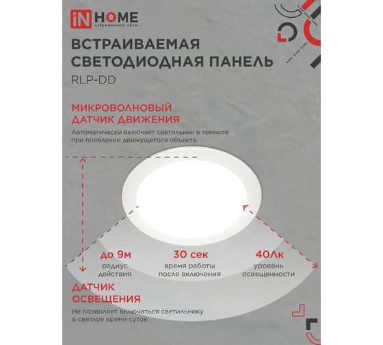 Панель светодиодная встраиваемая IN HOME круглая RLP-DD 18Вт 230В 4000К 1440Лм 177мм, датчик движения, белая IP40 4690612058436