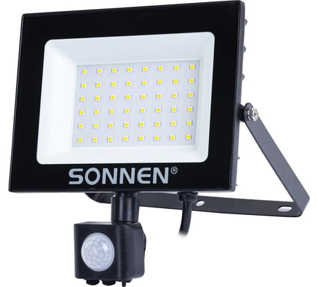Прожектор светодиодный с датчиком движения SONNEN 50Вт, 6500К, 4000Лм, IP65, 187x176x51мм, черный, 238418