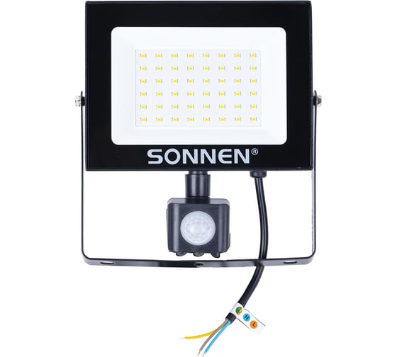 Прожектор светодиодный с датчиком движения SONNEN 50Вт, 6500К, 4000Лм, IP65, 187x176x51мм, черный, 238418