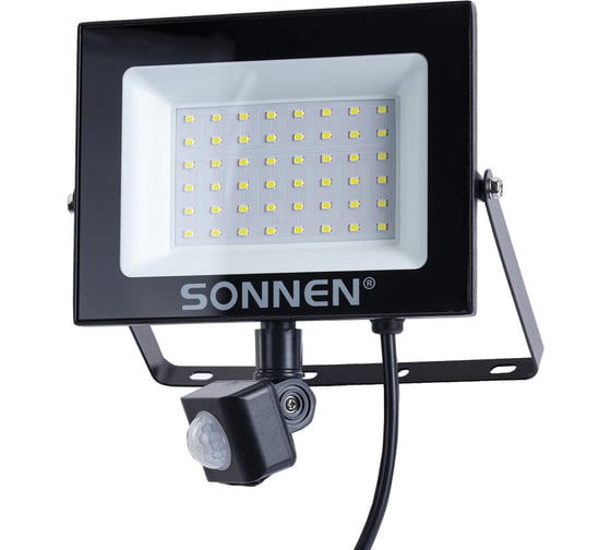 Прожектор светодиодный с датчиком движения SONNEN 50Вт, 6500К, 4000Лм, IP65, 187x176x51мм, черный, 238418