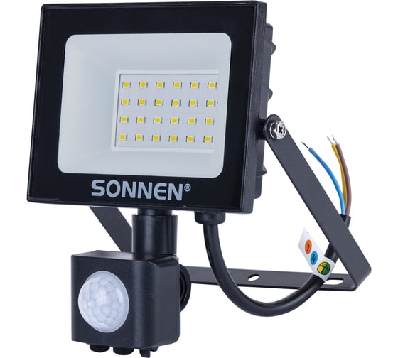 Прожектор светодиодный с датчиком движения SONNEN 20Вт, 6500К, 1600Лм, IP65, 122x146x51мм, черный, 238416