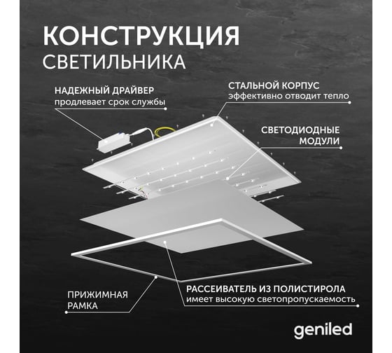 Светодиодный светильник Geniled Офис Comfort Basic 595x595x33 30Вт 4000К 90Ra Опал для подвесного потолка 23962_4000_90ra