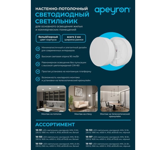 Светильник светодиодный накладной Apeyron MIN, 18Вт, 1620лм, 4000К, IP20, o170x35мм, белый 18-155