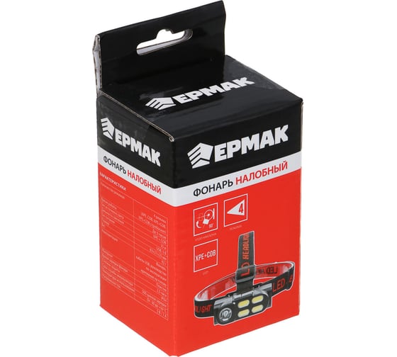 Фонарь налобный ЕРМАК, XPE+COB, 4 режима, пластик, зарядка USB, 83x27x25 мм, съемный аккумулятор 223-080