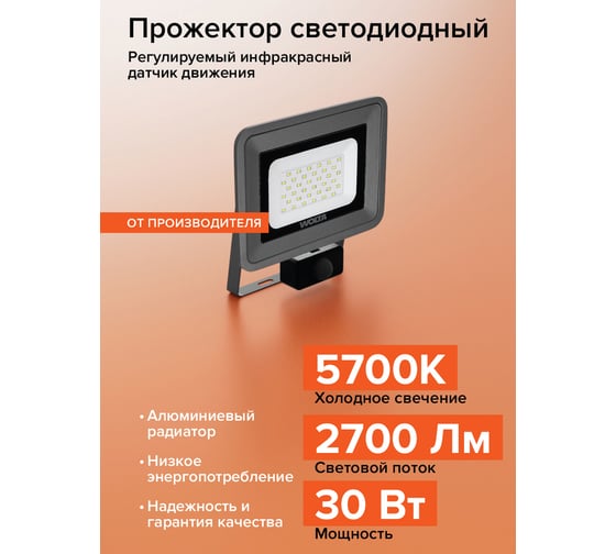 Светодиодный прожектор Wolta 30Вт, 5700К Холодный белый свет, IP65, с датчиком движения 2700 лм WFL-30W/06S