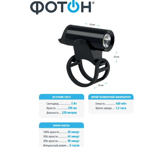 Велосипедный светодиодный аккумуляторный передний фонарь ФОТОН CLA-940F 24199