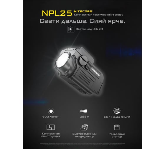 Подствольный фонарь NITECORE NPL25 UHi 20, 900 Люмен, 255 м, 35 мин, 500 мАч, магнитная зарядка 22323