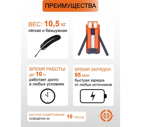 Мачта осветительная на аккумуляторе Light-Techno, 2 лампы, 3 АКБ, 15000 Lm LT1150