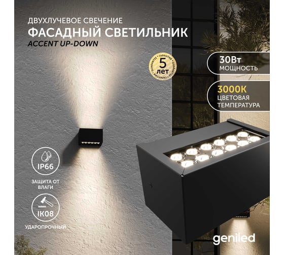 Фасадный уличный светильник Geniled настенный 2-лучевой теплое свечение 3000К 30Вт IP66 90352_3000