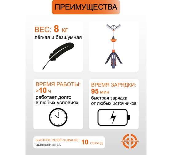 Мачта осветительная на аккумуляторе Light-Techno 4 лампы, 1 АКБ, 11000 Lm LT1400