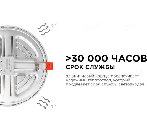 Светодиодная круглая встраиваемая панель OGM с регулировкой, 15Вт, 1200Лм, ДБ, 175х24мм. LP-08