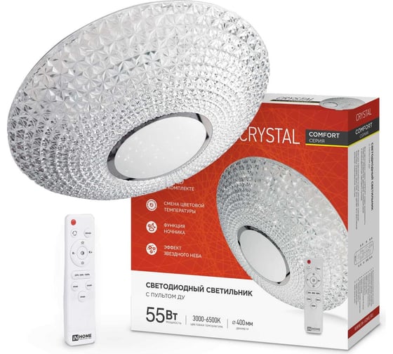 Светодиодный светильник IN HOME COMFORT CRYSTAL 55Вт 230В 3000-6500K 4400Лм 400x100мм пульт ДУ 4690612034898