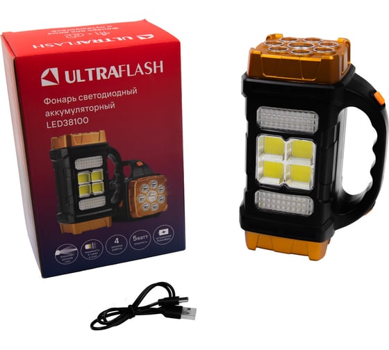 Фонарь аккумуляторный ULTRAFLASH LED38100 черный/охра, 76LED+4COB, 4 режима, Type-C, PowerBank, пластик, коробка 15950 1