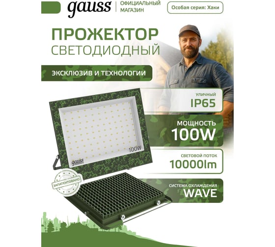 Прожектор светодиодный Gauss Elementary 100W 9500lm IP65 6500К ХАКИ 1/20 GFD006