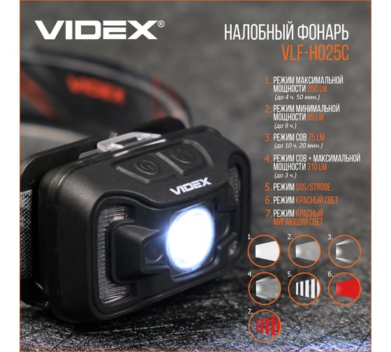Налобный светодиодный фонарик H025C 310Lm 5000K Videx VLF-H025C