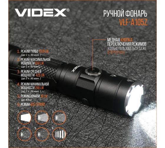 Портативный светодиодный фонарик Videx A105Z 1200Lm 5000K VLF-A105Z
