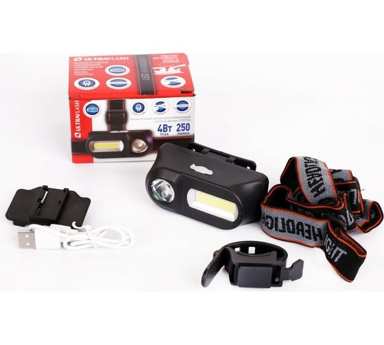 Налобный аккумуляторный фонарь Ultraflash LED53763 4Вт черный XPE+COB LED 1 реж., крепл. 14504