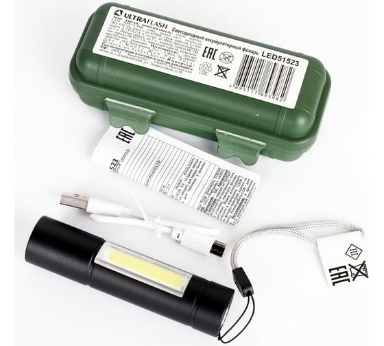 Аккумуляторный фонарь Ultraflash LED51523 4В, черный 2LED, 3 Вт, 3 режима USB 14662