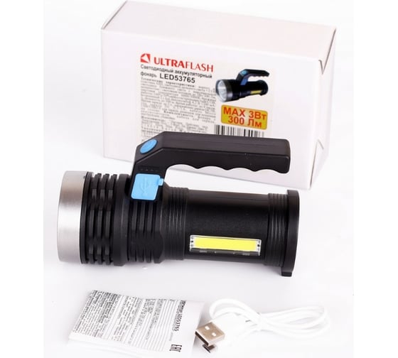 Аккумуляторный фонарь Ultraflash LED53765 4В, черный 2LED, 3 Вт, 4 режима USB 14665