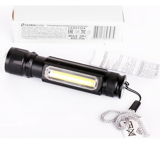Аккумуляторный фонарь Ultraflash LED51524 4В черный 2LED, 3 Вт, фокус, 4 режима USB 14661