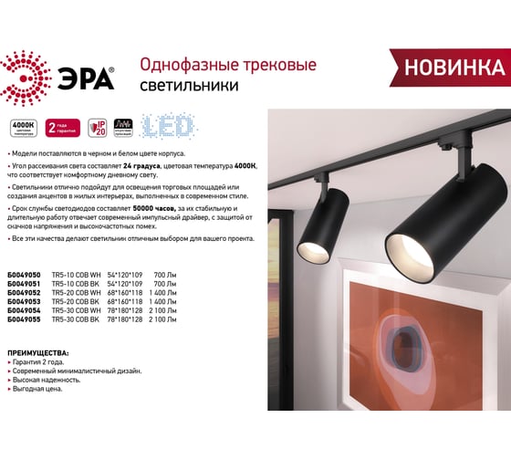 Трековый однофазный светильник ЭРА TR530 COB BK 30 ватт 4000К 2100Лм черный Б0049055