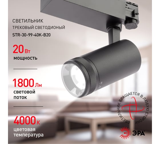 Трековый трехфазный светильник ЭРА STR309940KB20 регулируемый луч 4000K черный Б0049790