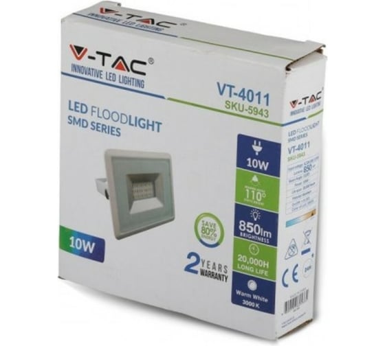 Светодиодный прожектор V-TAC VT-4011 10Вт, 6500К, 220В, корпус белый, алюминий 5942