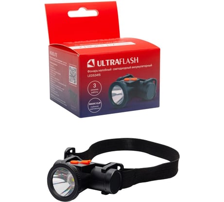 LED53415 (фонарь налоб.аккум 3,7В,,черный, LED XPE, 1 Ватт, 3 реж., Micro-USB, бокс) Ultraflash 15768