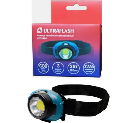 LED5385 (фонарь налобн, маренго, 3Вт COB LED, 3 реж, 3XAAA, пласт, бокс) Ultraflash 15690