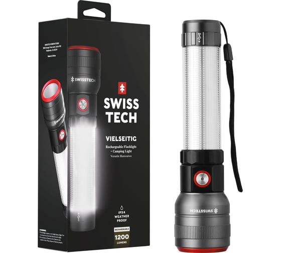 Фонарь светодиодный Swiss+Tech 4 режимный с индикацией заряда 2-В-1 светящаяся ручка (1200LM, 1000м, акк. 18650 2000mAH, 6 часов, зарядка USB-TYPE C, алюм.корп, IPX4), S ST031618