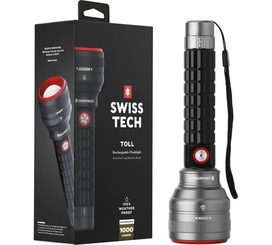 Фонарь светодиодный Swiss+Tech 4 режимный с индикацией заряда, ZOOM (1000LM, 1000м, акк. 21700, 4600mAH, 15 часов, зарядка USB-TYPE C, алюм.корп, IPX7) , ST031617