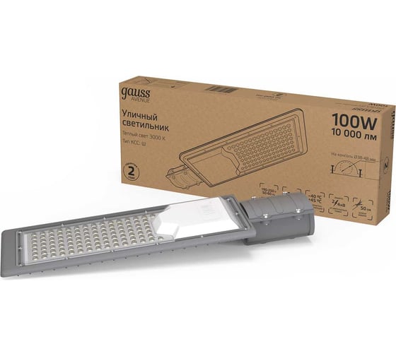 Уличный консольный светодиодный светильник Gauss IP65 100W 10000lm 3000K КСС "Ш" 629534100