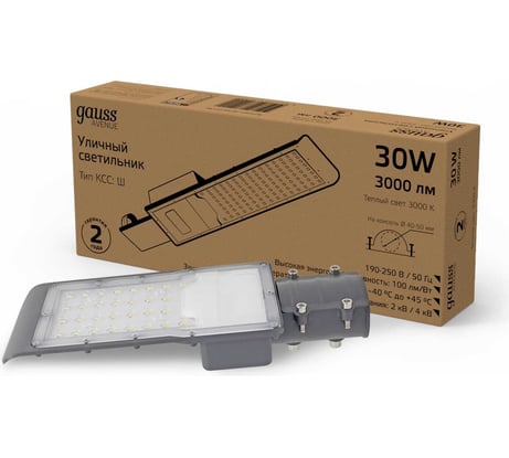 Уличный консольный светодиодный светильник Gauss IP65 30W 3000lm 3000K КСС "Ш" 629534130