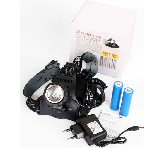 Налобный фонарь Ultraflash E159 (аккумулятор 3,7В, черный, LED, 5 Вт, фокус, 2 ак. 4 режима, бокс са) 14515