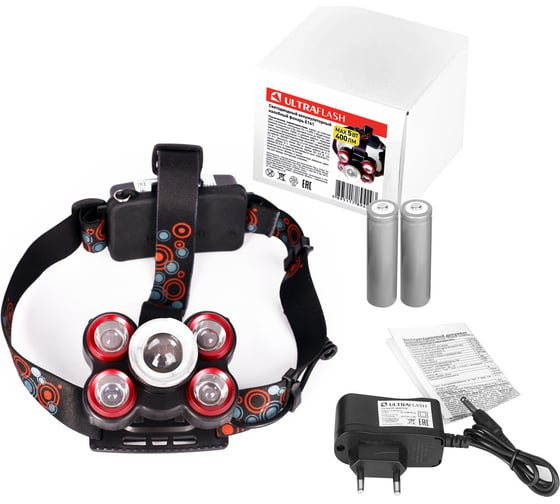Налобный фонарь Ultraflash E161 (аккумулятор 3,7В, черный, 5LED, 5 Вт, фокус, 2 ак. 4 режима, бокс са) 14682