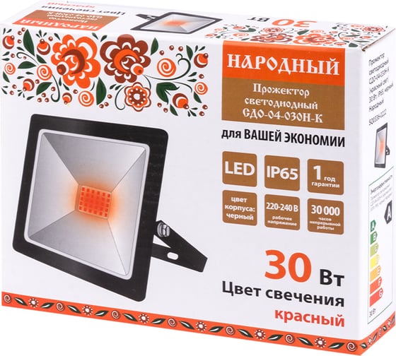 Светодиодный прожектор TDM СДО-04-030Н-К красный свет 30 Вт, IP65, черный, Народный SQ0336-0222