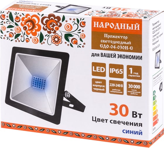 Светодиодный прожектор TDM СДО-04-030Н-С синий свет 30 Вт, IP65, черный, Народный SQ0336-0230