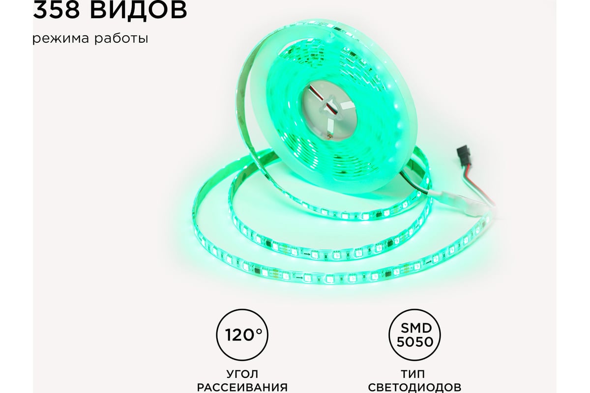 Комплект адресной ленты Apeyron 24В, 14,4Вт/м, smd5050, 60д/м, IP65,  подложка 10мм (белая), 5м, RGB/ 10-96 - выгодная цена, отзывы,  характеристики, фото - купить в Москве и РФ