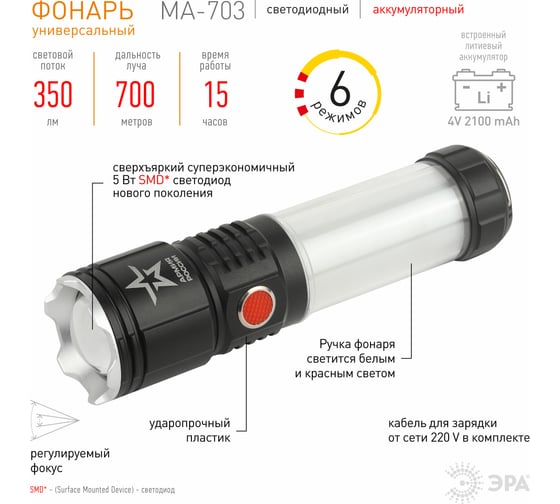 Светодиодный ручной аккумуляторный фонарь ЭРА АРМИЯ РОССИИ MA-703 Тайфун 10Вт 6 режимов Li аккумулятор магнит крючок Б0052320