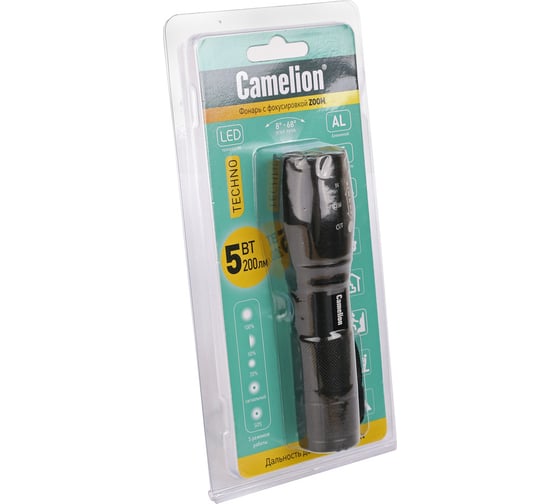 Фонарь Camelion LED51530 черный, LED XML-T6, ZOOM, 5 режимов 3XLR03, алюминий, откр. блистер 14536