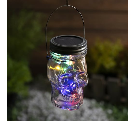 Светодиодный светильник-банка "Череп" LUAZON на солнечной батарее 10 LED, с подвесом, МУЛЬТИ 4845801