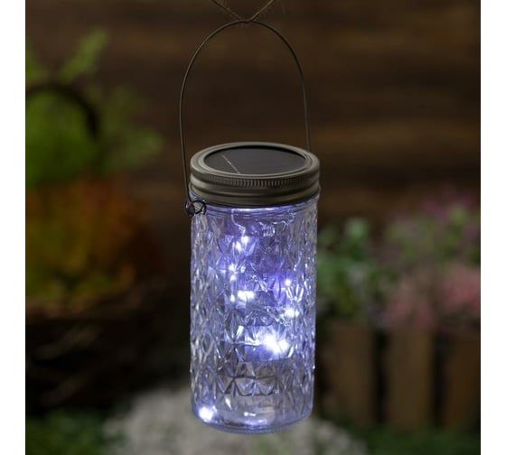 Светильник-банка "Граненая" LUAZON светодиодный на солнечной батарее 10 LED, с подвесом, БЕЛЫЙ 4845781