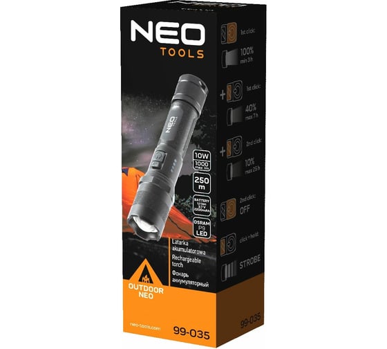 Перезаряжаемый фонарик NEO Tools USB 1000 лм OSRAM P9 LED 99-035