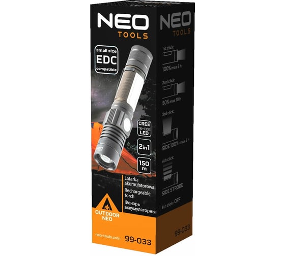 Аккумуляторный фонарь NEO Tools USB 800lm 2in1 CREE T6 LED 99-033