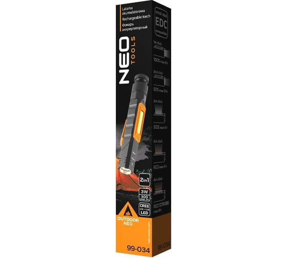 Рабочий аккумуляторный фонарь NEO Tools 2 в 1, 300 лм, 70 м, 8 ч, магнит, 0-180, CREE XPE+COB 99-034