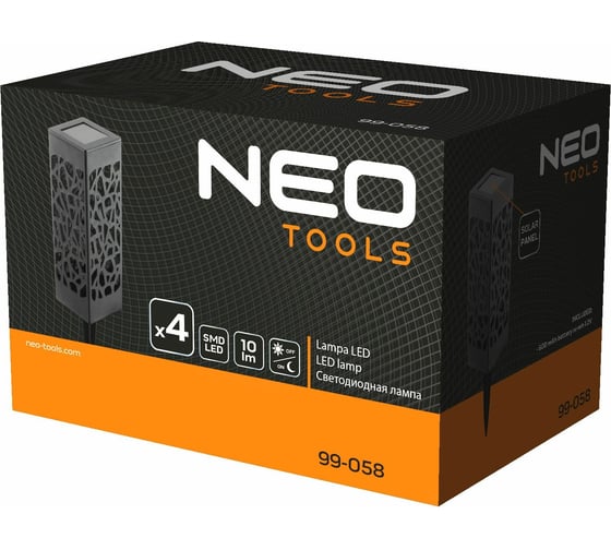 Садовый светильник на солнечной батарее NEO Tools 10 лм, 8 ч, SMD, IP44, набор 4 шт. 99-058