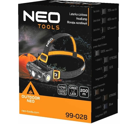 Налобный аккумуляторный фонарь NEO Tools 1000 лм, 200 м, 6 ч, красный/синий, CREE L2+LED 99-028