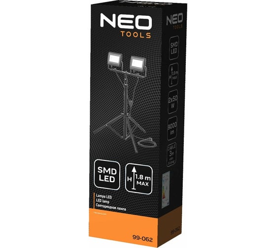 Светодиодный уличный прожектор NEO Tools на штативе 1.8 м, 2x50 Вт, 6500K, 230 В, IP65 99-062