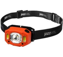 Аккумуляторный налобный фонарь Jazzway  AccuH3-L5W-og zoom LED 5Вт + 2хRED SMD IP54 5 режимов: 100проц. 180лм 3.5ч/50проц. 110лм 5.5ч/30проц. 65лм 15ч/красн. 28ч/мигающ. красн. 12ч аккум. 1.2А.ч управл. жестами оранж. 5036673